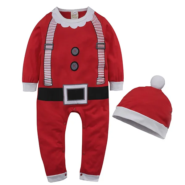 Cute Contrast Color Long Sleeve Round Neck Kids Christmas Jumpsuit with Cap