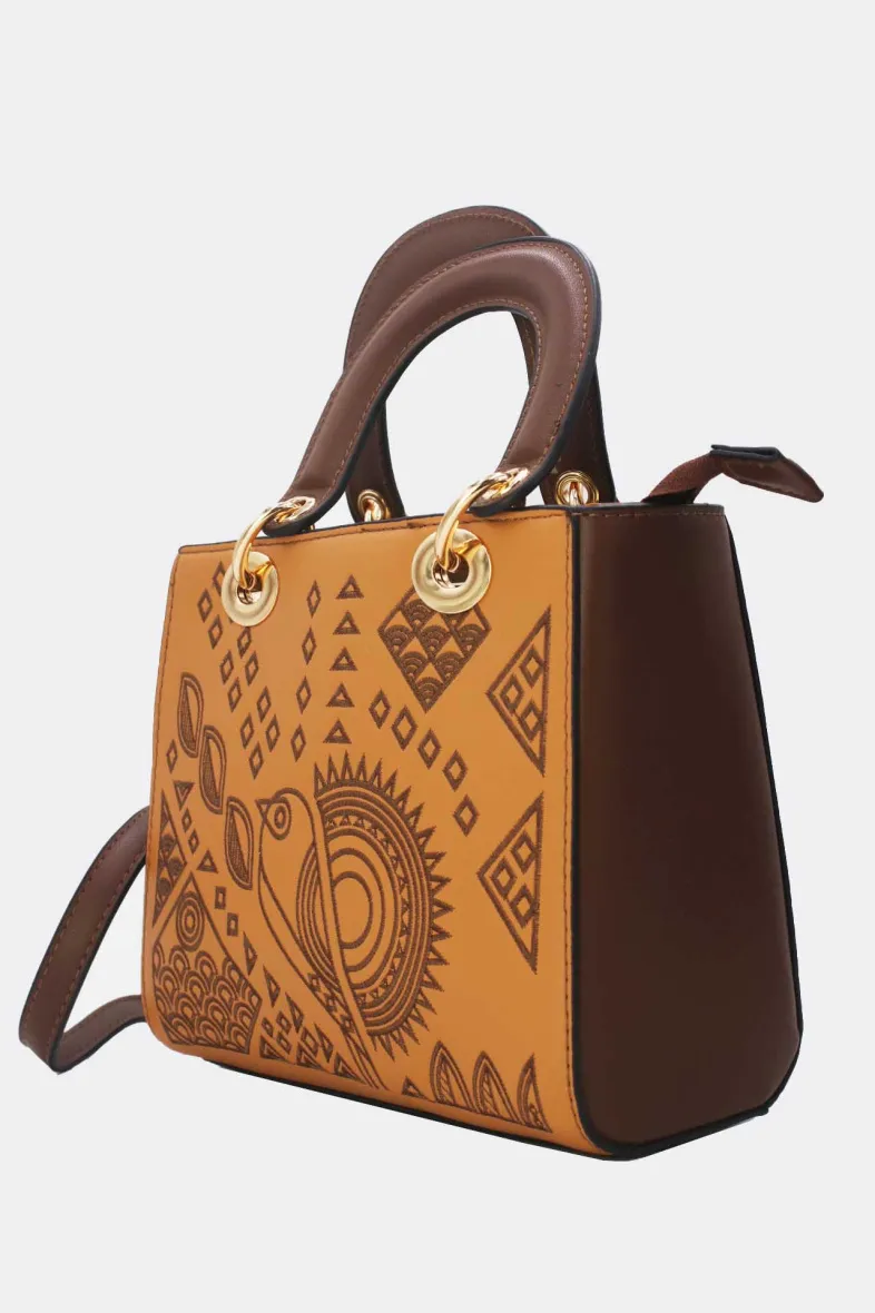 Mittelgroße, moderne, ethnisch bestickte quadratische Handtasche