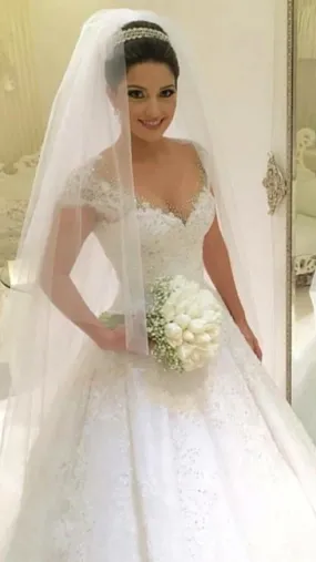 Modern Brautkleider Weiß MIt Spitze A Linie Perlen Tüll Brautmoden Hochzeitskleider